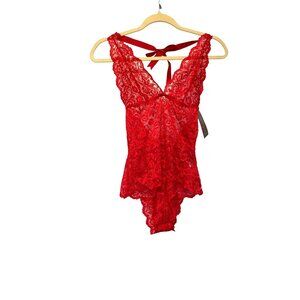 Red Lace Teddy Halter Bodysuit With Bow Detail O/S By Oh La La Cheri